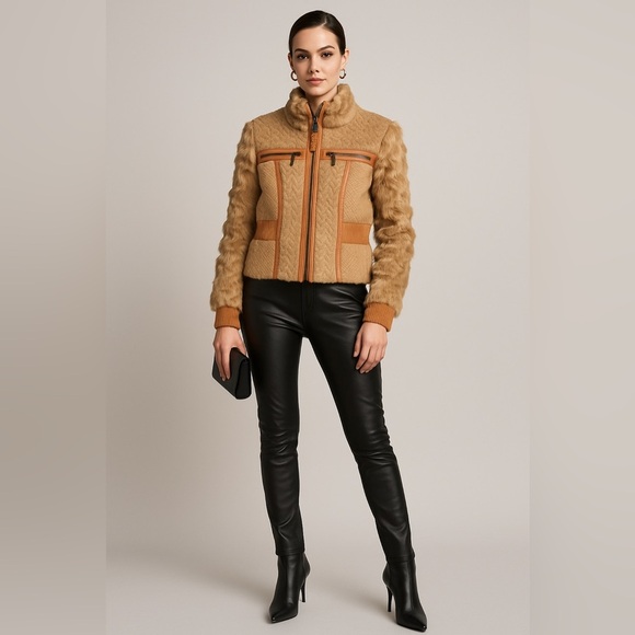 Just Cavalli Leather and Rabbit Fur Tan Jacket - Size 44 IT - Picture 1 of 12
